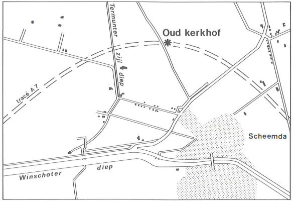 Het tracé van de A7 ten noorden van het huidige Scheemda doorsnijdt het 'Ol Kerkhof' en verdronken Scheemda.